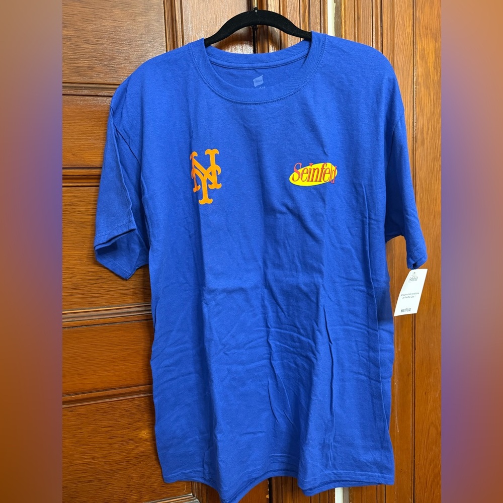 Mets NWT Seinfeld Blue Graphic T-Shirt with Orange Accents size L